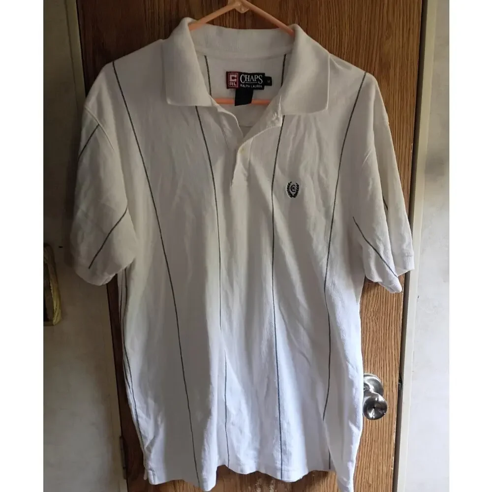 Vintage Chaps Ralph Lauren White Striped Polo Shirt M Cotton Crest Preppy Golf